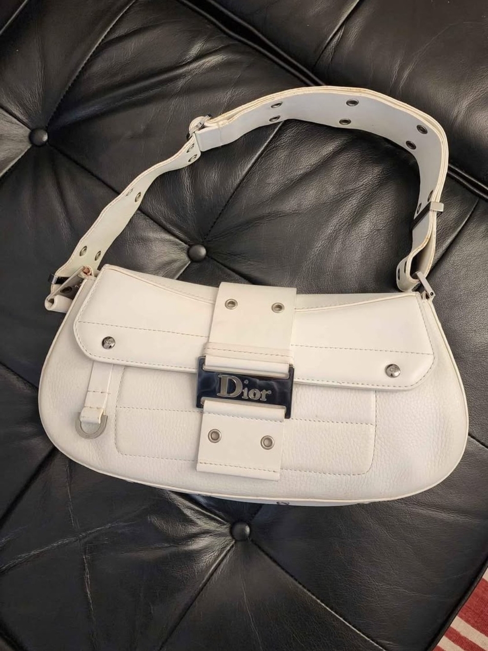 Dior White Leather Shoulder Bag with Branded Plaque